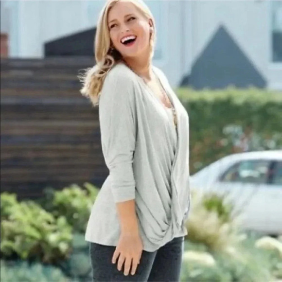 CAbi Gray Long Sleeve Drape Cross Over Taylor Top - Picture 2 of 9